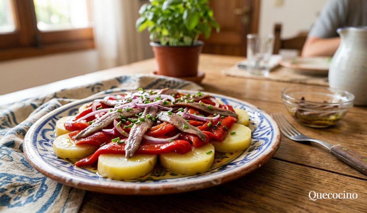 Ensalada de patatas, pimiento asado y anchoas