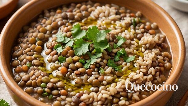 Lentejas con arroz y cilantro fresco
