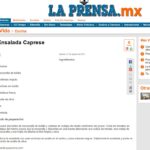 Captura de pantalla de la nota de La Prensa MX citando a quecocino.com como fuente de la receta.